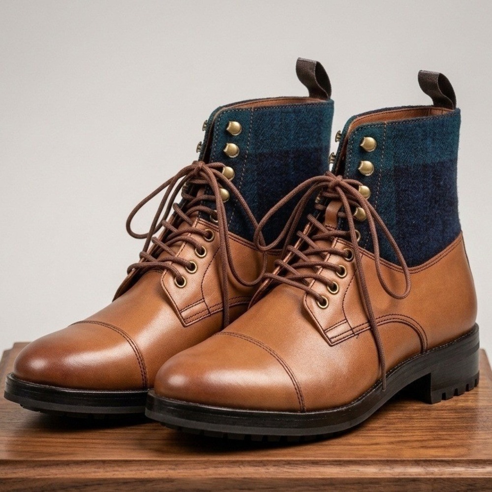 Polo Ralph‎ Lauren Bryson Boot Mens 8.5 Brown Leather Tartan Wool Cap Toe